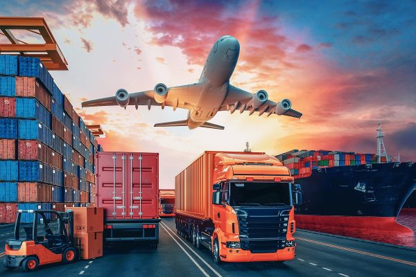 Transportation and logistics. Transportation and logistics of Container Cargo ship and Cargo plane. 3d rendering and illustration.